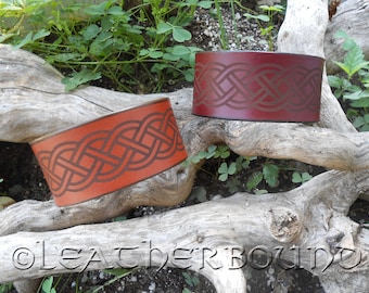 Leather Wristbands with engraved Celtic Knot image. Two colors and sizes to choose from.