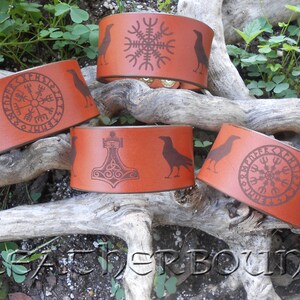 Leather Wristbands with engraved Norse Magic Runes image. Aegishjalmur, Vegvisir or Mjolnir