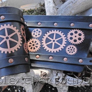 Steam Punk Leather Bracers with engraved painted gears in copper color.