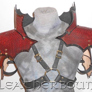Leather Pauldrens with neck guard and Bracers hand tooled in a Red Dragon Skin look.