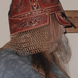 Leather Norse Viking Helm Fully Tooled in High Detail with Chain Mail