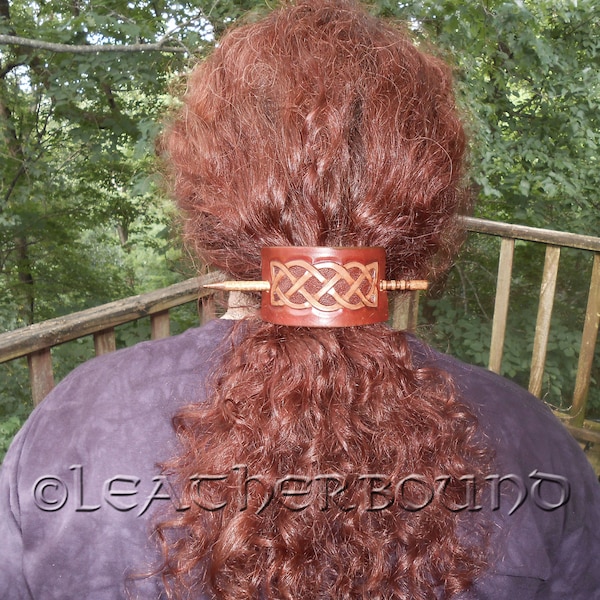 Leather tooled Hair Barrette with Celtic Knot pattern, in Browns.