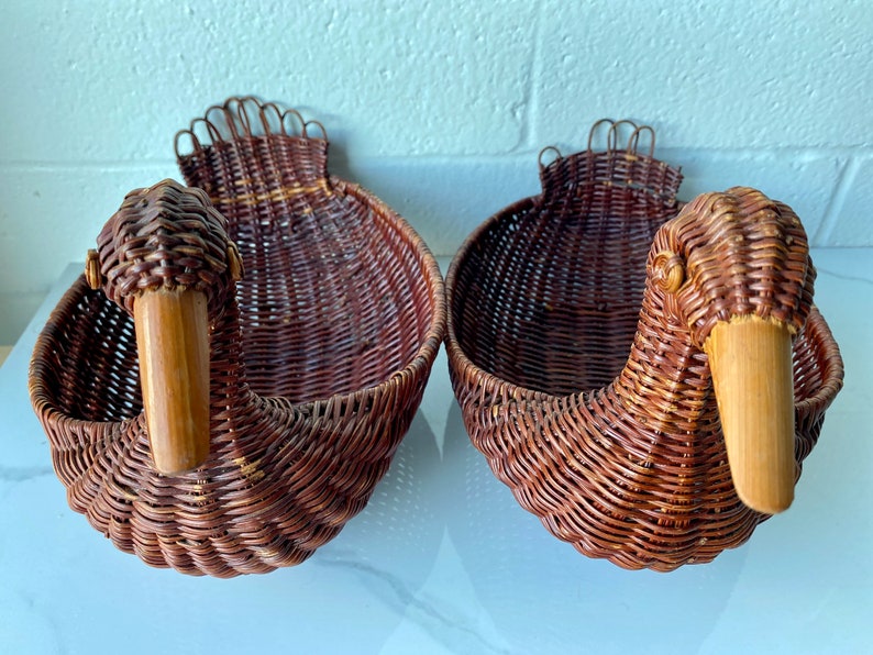 Vintage Rattan Wood Duck Basket Set of 2 Etsy