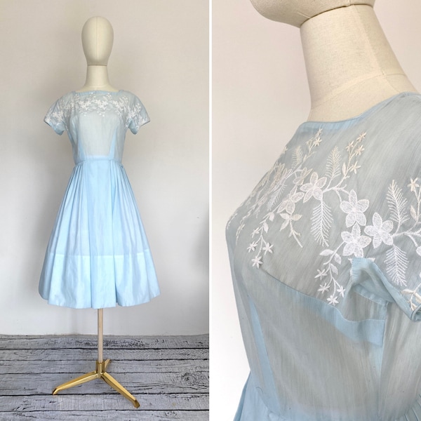 Vintage 1950s Dauphine Light Blue Embroidered Dress; Full Skirt