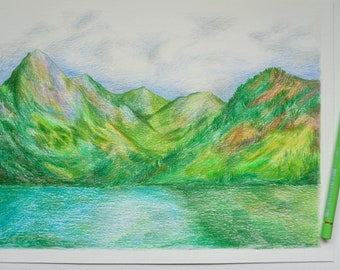 Landscape Drawing, Coloured Pencil Landscape, Colored Pencil Landscape, Mountain Drawing, Mountain Art, Original Mountain Art