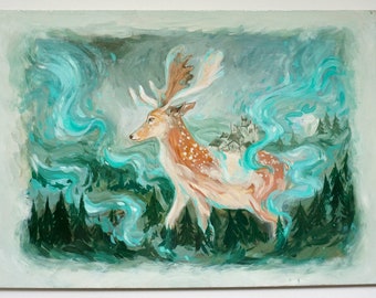 Deer Painting, Deer Original Painting, Deer Artwork, Deer Wall Art, Original Deer Painting, Magical Art, Magical Painting, Fantasy Art