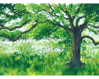 Original landscape art, Nature artwork, Nature illustration, Gouache art, Gouache landscape painting, Tree art, A3 wall art, Green art