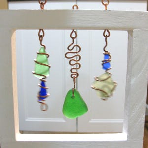 Seaglass Window Suncatchers | Seaglass suncatcher white frame & copper wire wrapped seaglass | Beach Sea Glass Window Suncatcher