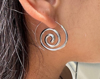 Spiral Earrings Silver Circle Earrings Hoop Earrings Funky Cute Boho Hippie Fun2 Earrings 90s Basic Deadstock Vintage Jewelry
