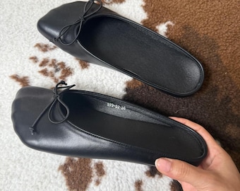 Black Ballet Flats Square Toe Bow Detail Women’s 5.5 6 Faux Leather Minimalist Clean Girl Everyday Shoes
