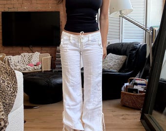 Pantalon cargo en lin blanc ~ Taille basse, coupe ample, à nouer ~ Style années 90/Y2K