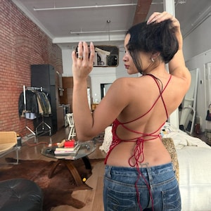 Red Beaded Sequin Lace Up Cami Top – Y2K Fairycore Party Tank