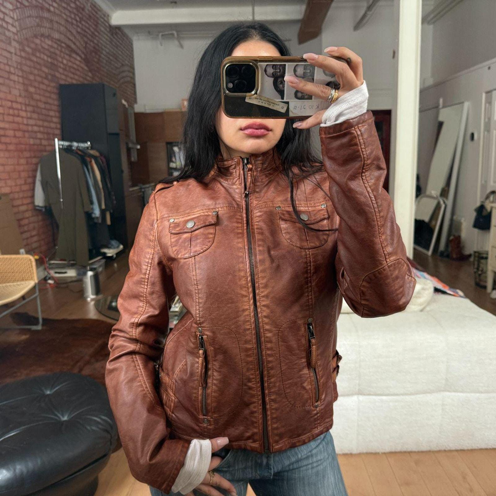 Blouson En Cuir Vintage Années 90/2000 Marron Foncé/ Noir - Taille M - Occasion Très Bon état