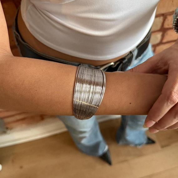 Silver Bangle Bracelet Adjustable Wire Cuff Chunk… - image 1