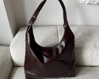 Brown Faux Leather Tote Bag Shoulder Purse