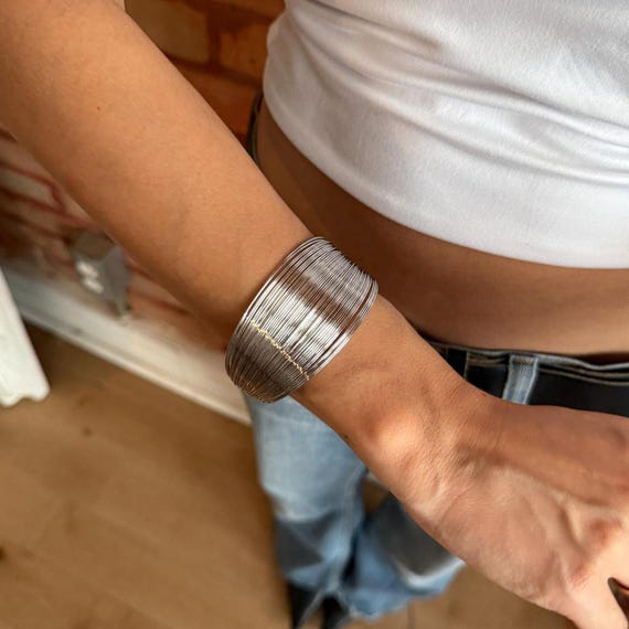 Silver Bangle Bracelet Adjustable Wire Cuff Chunk… - image 2