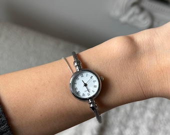 Silver Watch Bracelet Cuff Spiral Analog Roman Numeral Clock