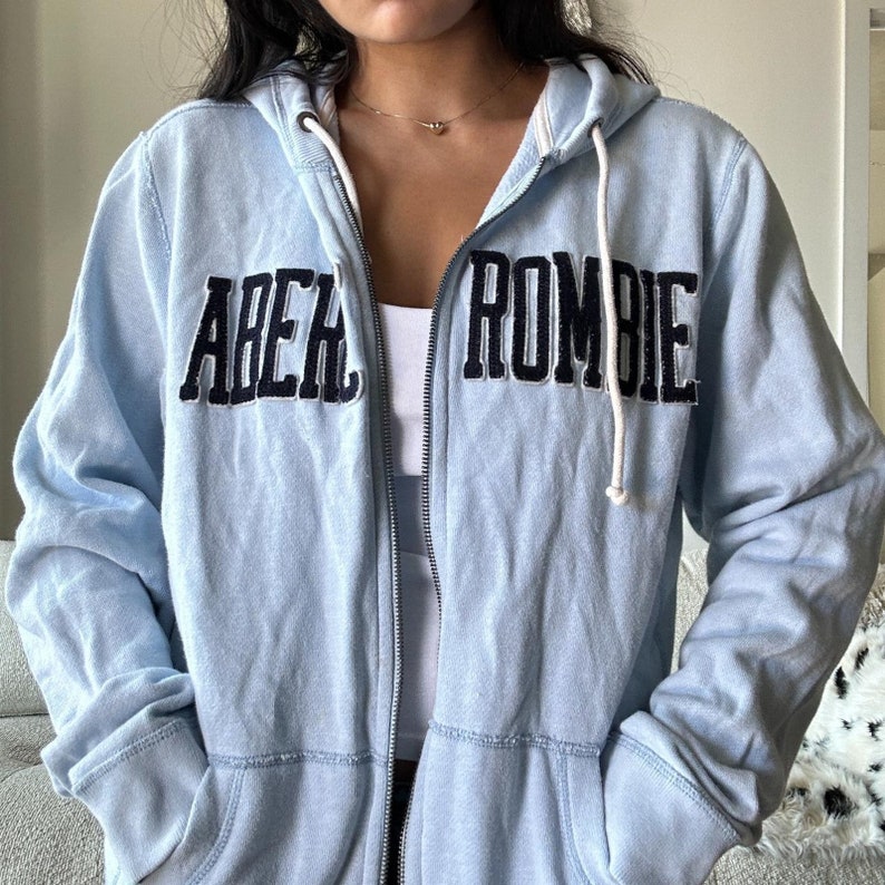Abercrombie & Fitch Hoodie Baby Blue Zip up Sweater Mens Basic 2000s