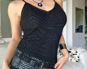 トップス Vintage black crochet mesh tank top Vintage 90s Black Lace Tank Top Size S M, Sheer Crochet Lace
