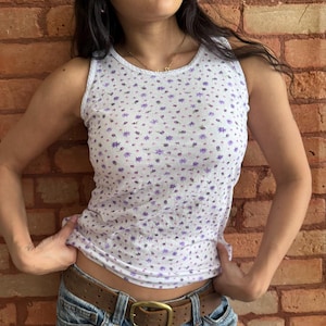 Vintage 90s Floral Tank Top Cute Summer Flower Print Cropped Cami 90s Cottagecore Style