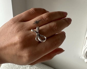 925 Sterling Silver Bow Ring Silver Adjustable Custom Simple 90s Vintage Sizing Ring Gift Girlfriend Promise Ring Coquette Cottagecore