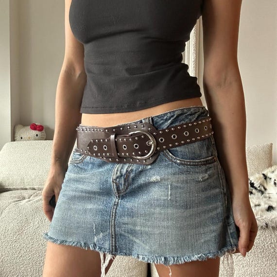 ベルト LOW CLASSIC : 25SS / STUDDED LEATHER SLIM BELT (DARK BROWN) Womens Studded Belt - Black Gold Studded Belt - Studded
