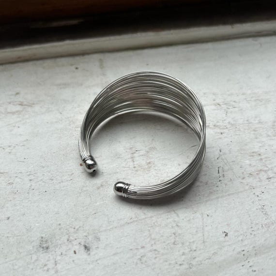 Silver Bangle Bracelet Adjustable Wire Cuff Chunk… - image 8