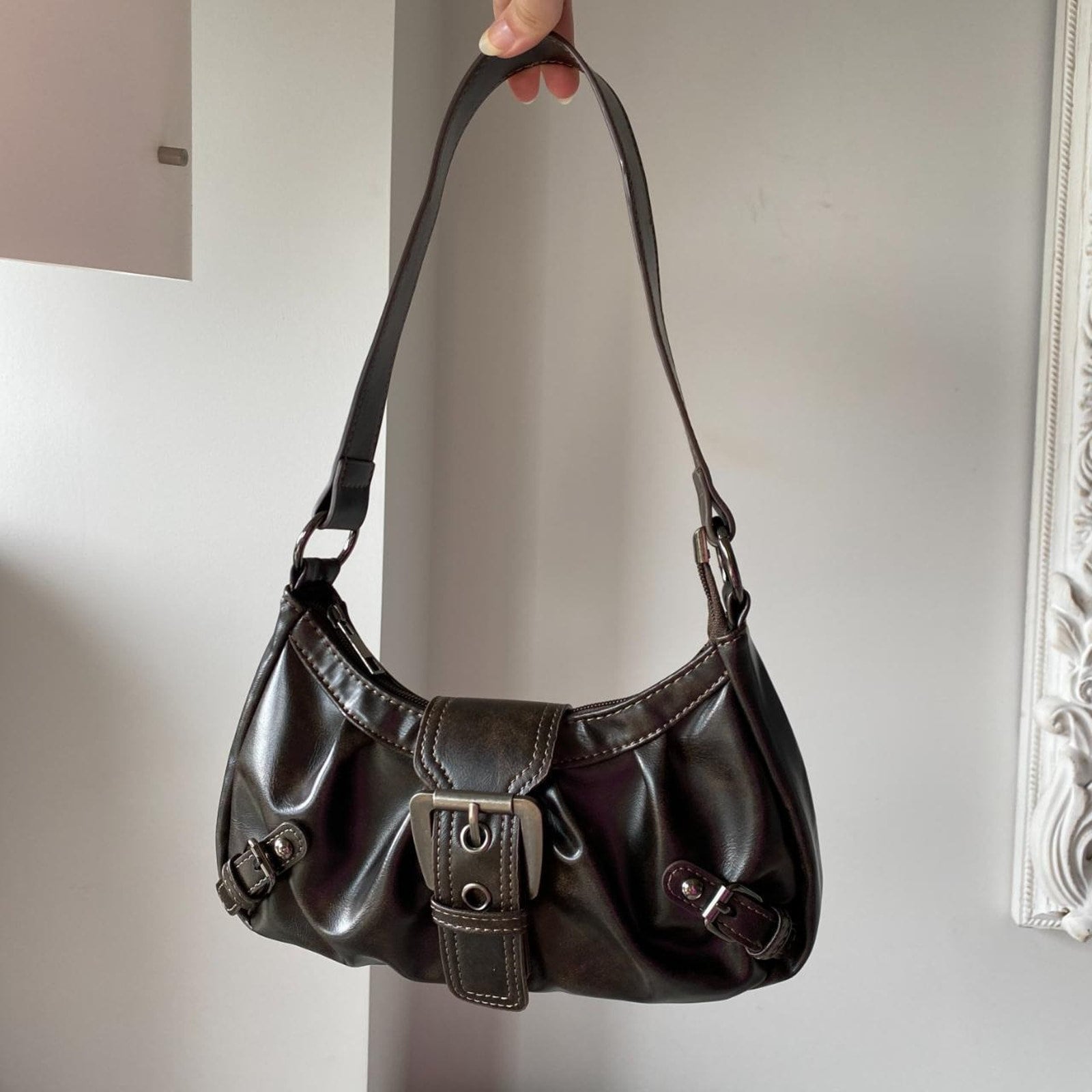 90s Brown Faux Leather Silver Buckle Purse Shoulder Bag Cute 90s Brown Faux Leather Silver Buckle Purse Shoulder Bag Cute