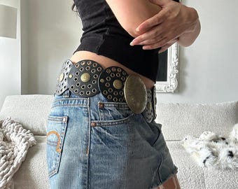 goa(ゴア)/ファーベルト y2k archive 希少 WIDE Y2K BELT BLACK CONCHO LEATHER STUDDED BUCKLE 2000S