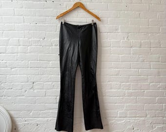 Y2K Black Genuine Leather Flare Pants Vintage 2000s Mid Rise