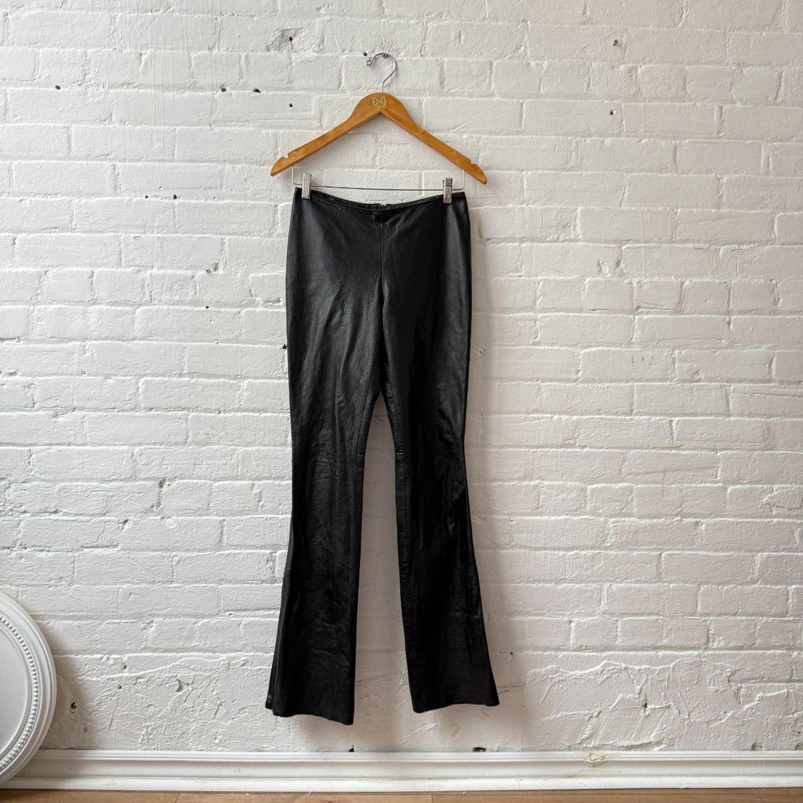 Y2K Black Genuine Leather Flare Pants Vintage 2000s Mid Rise