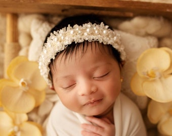 Ivory Pearl Baby Headband, Newborn Pearl Tiebacks, Baby Golden Headband, White Baby Headband, Pearl Headband, Christening Baby Headband