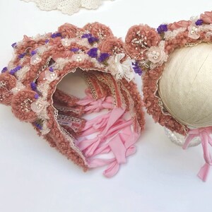 Newborn Bear Headband Photo Prop, Pink Floral Teddy Ears, Handmade Baby Shower Gift