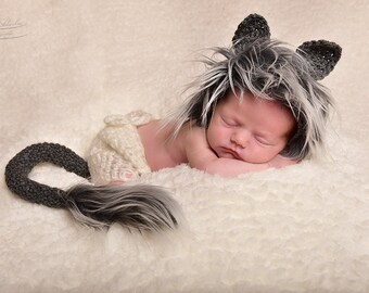 Newborn Wolf Bonnet,Crochet Newborn Wolf, Photography Prop,Wolf Hat Diaper,Fur Bonnet,Newborn Boy Hat,Newborn Boy Prop,Baby Wolf Hat, UK