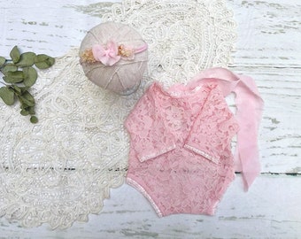 Pink Newborn Girl Lace Romper Set, Newborn Girl Photo Outfit,  Baby Girl Open Back Long Sleeve Romper Props, Newborn Photography Props, RTS