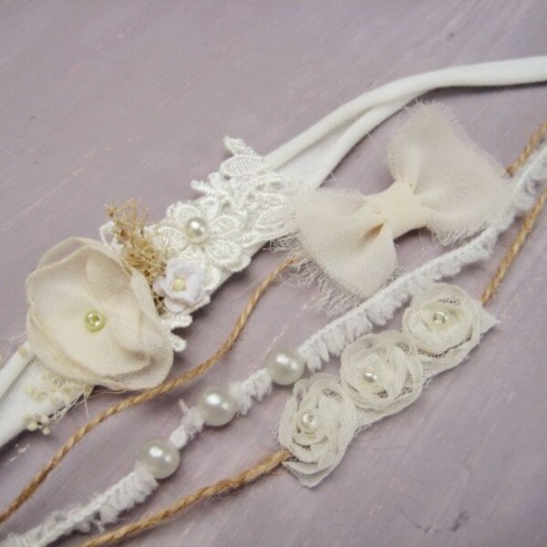 4 Baby Tieback Headband Set, Ivory Tieback, Jersey Tiebacks, Cream Baby Headband, Pearl Baby Headband, Newborn Headband, Baby Tiebacks,UK
