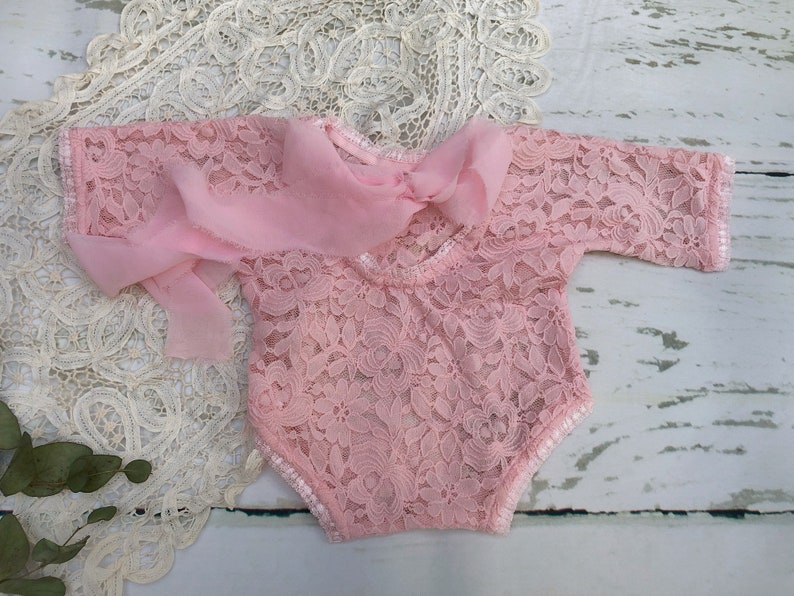 Pink Newborn Girl Lace Romper Set, Newborn Girl Photo Outfit, Baby Girl Open Back Long Sleeve Romper Props, Newborn Photography Props, RTS image 7