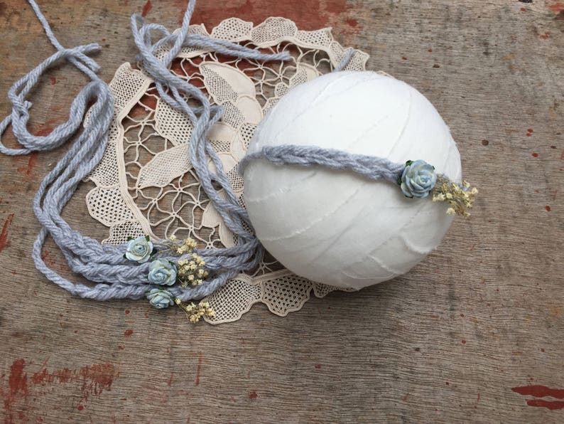 Grey Baby Flower Headband Soft Blue Newborn Tiebacks Flower Headband Newborn Tiebacks Baby Headbands Thin Baby Headbands