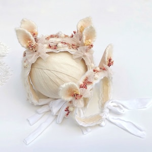 Newborn Kitten Ears Headband, Photography Newborn Tieback Prop, Baby Girl Props Ivory Pink