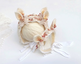 Hoofdband met kittenoortjes voor pasgeborenen, accessoire voor pasgeborenen met strik, babyaccessoires voor meisjes in ivoorroze