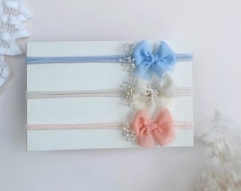 Set of 3 Newborn Bow Headbands - Newborn Photography Prop  Pastels - Tiny baby Bows