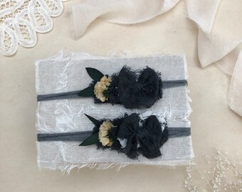 Grey Newborn Tiebacks, Baby flower headband, Newborn Baby Bows, Handmade Headband, Photography Prop,  Newborn Headbands, Newborn Baby Bows