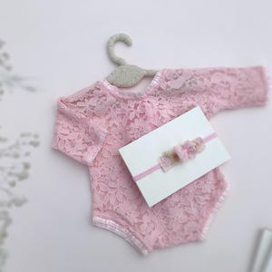 Pink Newborn Girl Lace Romper Set, Newborn Girl Photo Outfit,  Baby Girl Open Back Long Sleeve Romper Props, Newborn Photography Props, RTS