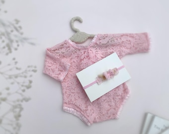 Nyföddfoto-outfit - Rosa spets-sparkdräkt för nyfödd - Öppen rygg för babyflicka