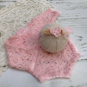 Pink Newborn Girl Lace Romper Set, Newborn Girl Photo Outfit, Baby Girl Open Back Long Sleeve Romper Props, Newborn Photography Props, RTS image 2