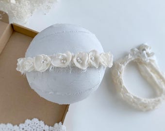 Newborn Photography Tieback - Ivory Floral Headband Prop for  Baby Girl Sessions - RTS