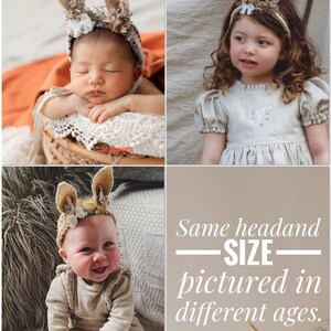 May include: A beige fabric headband featuring two upright bunny ears, decorated with small white fabric flowers and dried botanical elements. The text on the image reads: Same headand SIZE pictured in different ages.