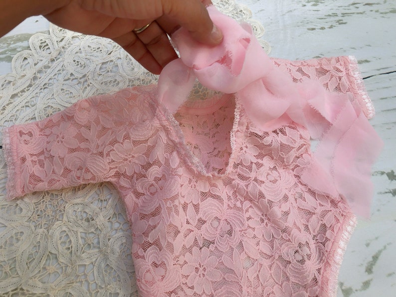 Pink Newborn Girl Lace Romper Set, Newborn Girl Photo Outfit, Baby Girl Open Back Long Sleeve Romper Props, Newborn Photography Props, RTS image 8