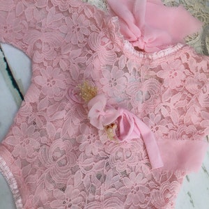 Pink Newborn Girl Lace Romper Set, Newborn Girl Photo Outfit, Baby Girl Open Back Long Sleeve Romper Props, Newborn Photography Props, RTS image 4