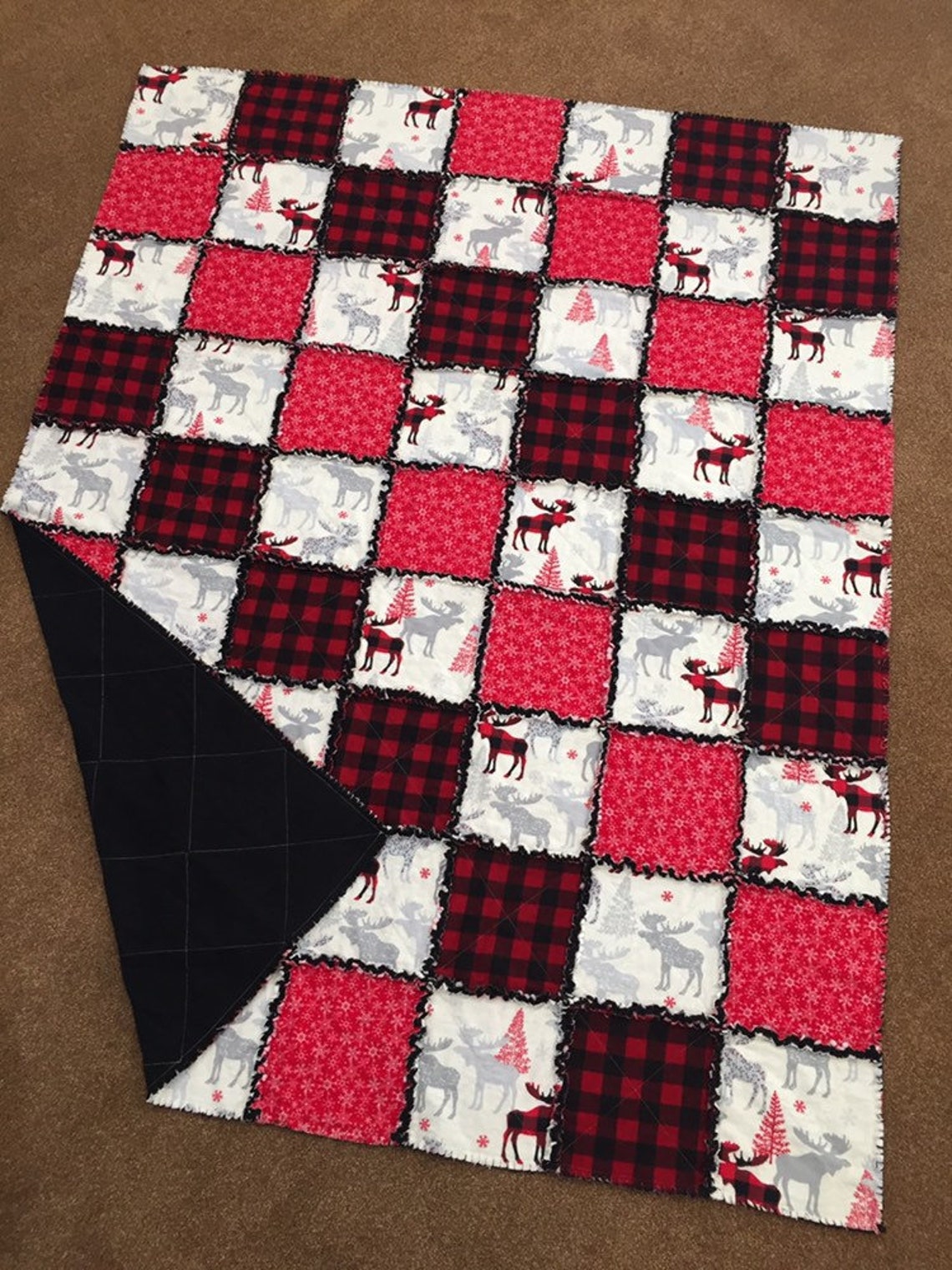 Rustic Extra Large Throw Size Winter Moose Square Rag Quilt in Etsy